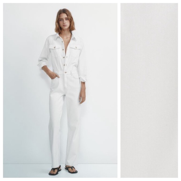 NWT. Massimo Dutti Off White Denim Jumpsuit with Contrast Topstitching. Size S. - Picture 2 of 13